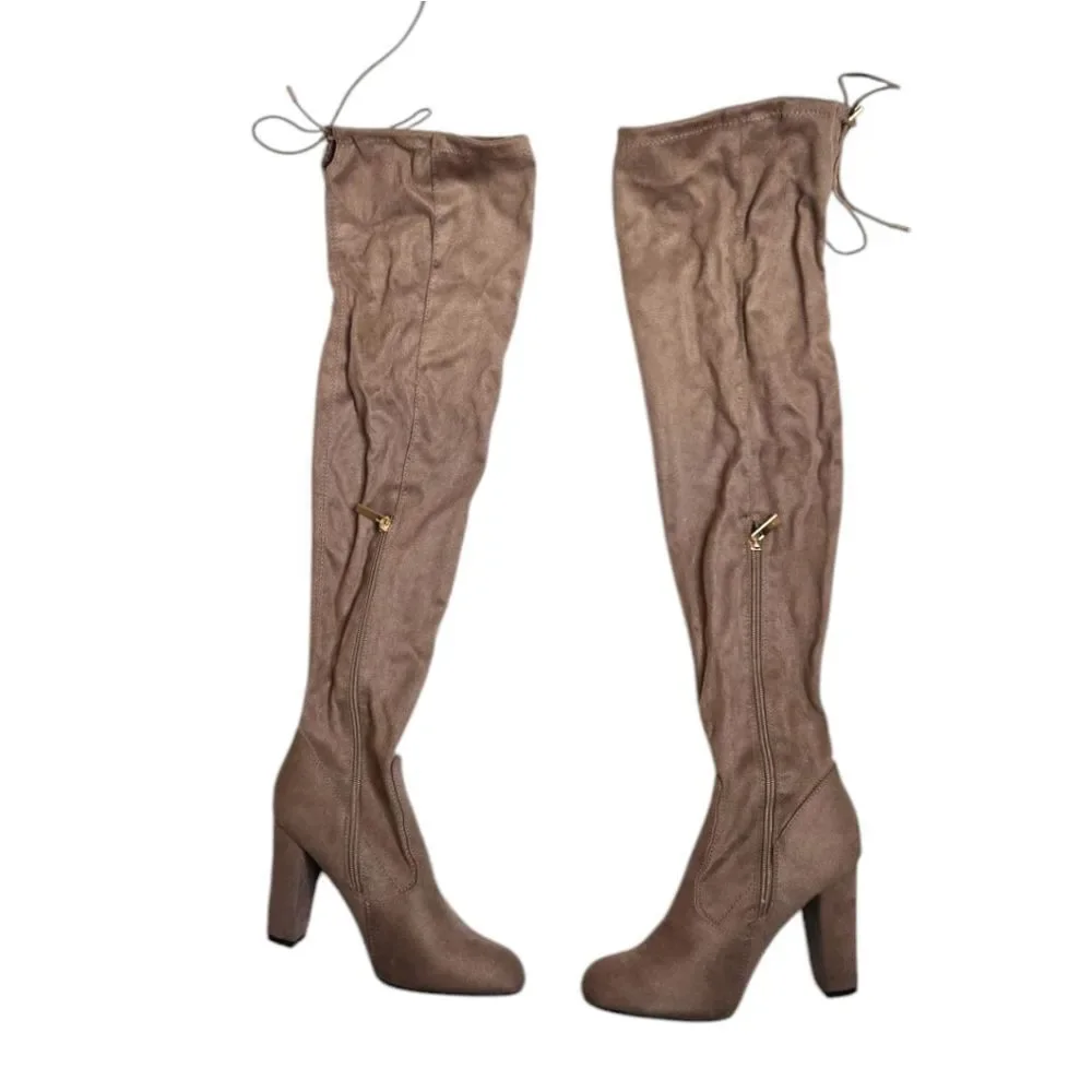 JGOODS Maya‎ tan faux suede over the knee high heeled boots 8